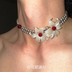 「パールアイリス」フレンチレトロパールフラワー二層ネックレスニッチ高価値チョーカー鎖骨チェーン女性用