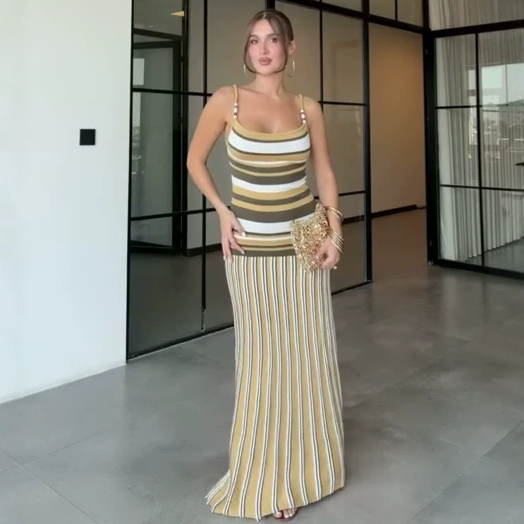 Cross-border European and American 2026 women's spring and autumn new long waist-cinching dress, slimming, bodycon, sleeveless, strapless, striped long dress Cross-border European and American 2026 women's spring and autumn new long waist-cinching dress, slimming, bodycon, sleeveless, strapless, striped long dress