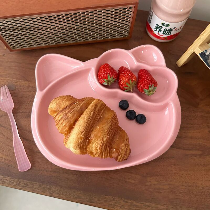 Cute cartoon cat ceramic creative compartment tableware high color value breakfast fruit salad set irregular plate