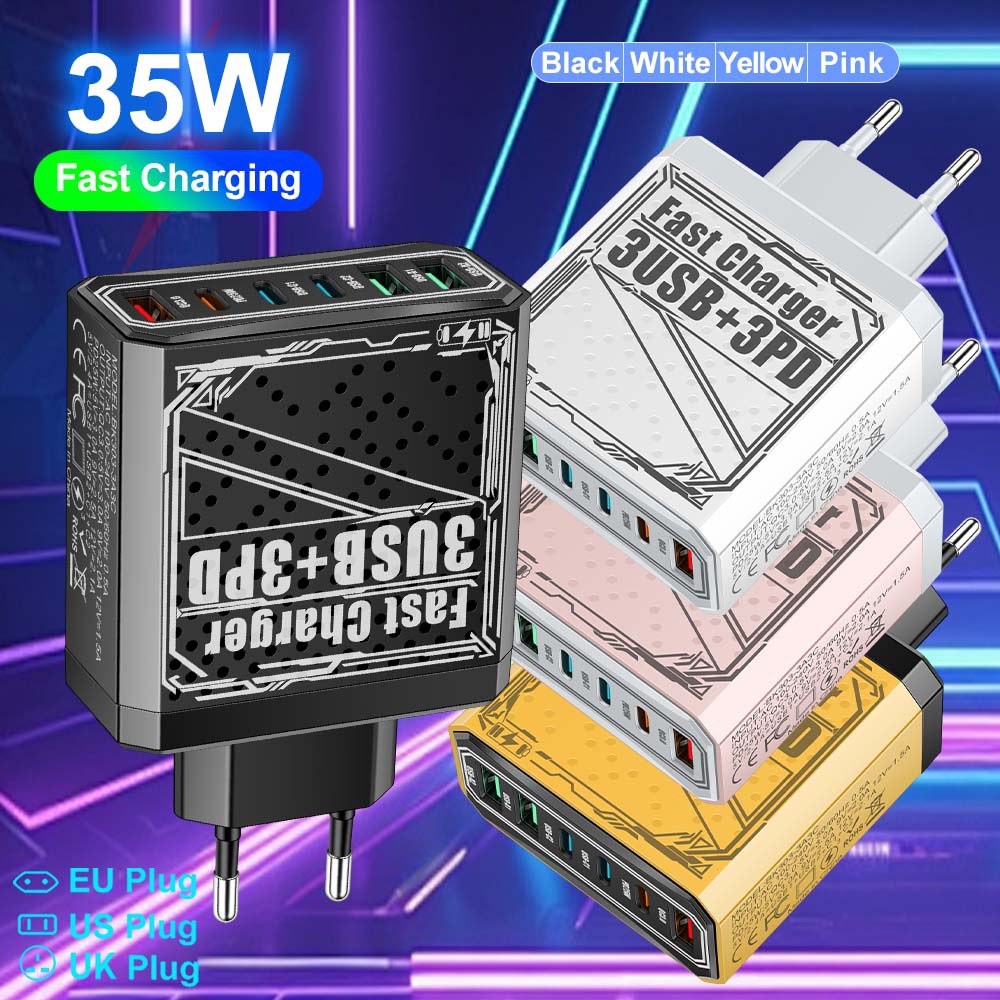 3USB+3PD 手机充电器 六合一 平板插头欧美英规快充多口插头批发