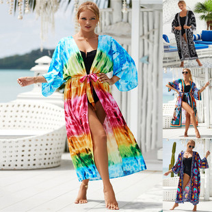 2023 New European and American Rayon Watermark Printed Beach Blouse Sexy Cardigan Loose Sunscreen Bikini Blouse