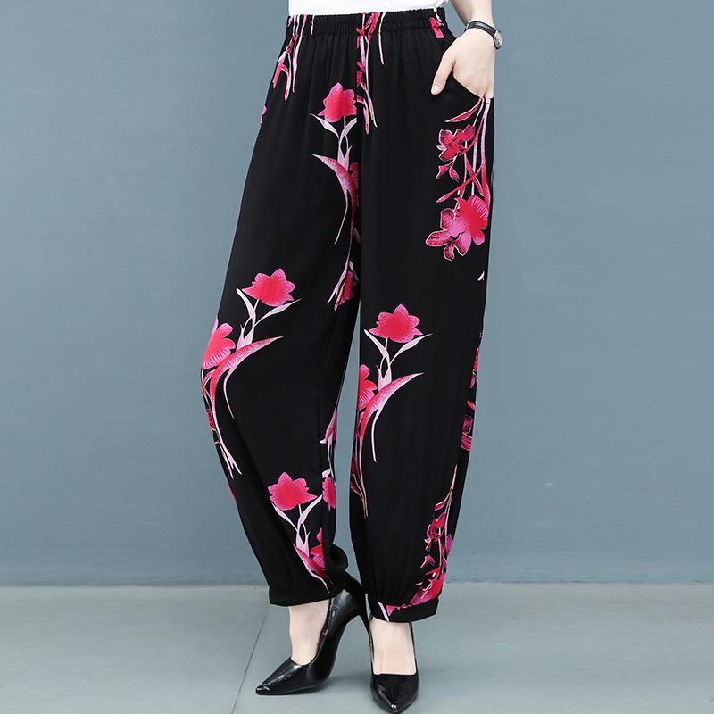 新しい中高年女性の万能パンツ、レトロエスニックスタイルのハイウエストワイドレッグライトパンツ、大きいサイズのゆったりカジュアルママパンツ|undefined