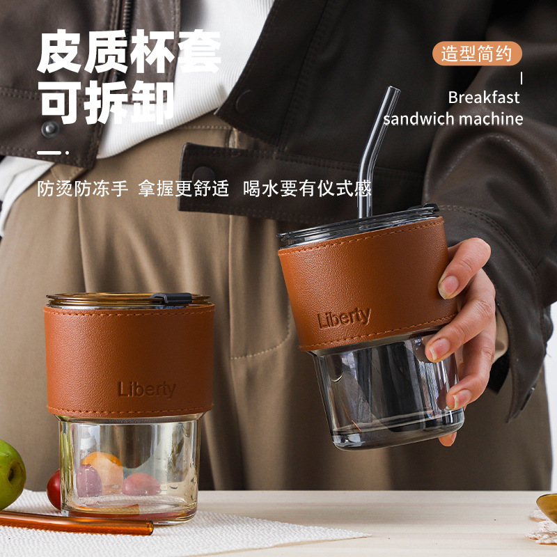 ins輕奢竹節玻璃杯便攜帶吸管隨行咖啡杯帶蓋地推廣告杯logo印字