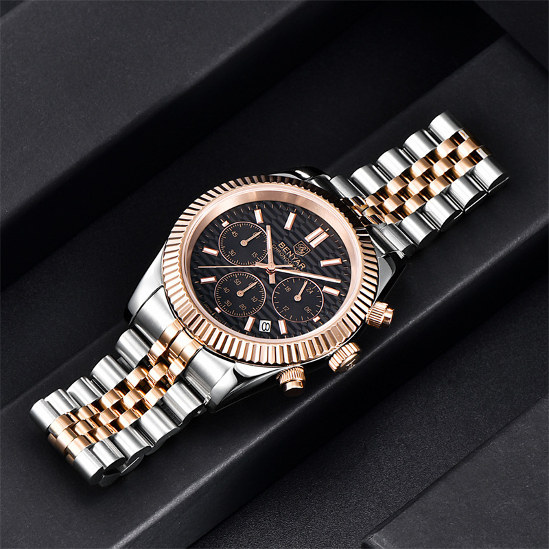 Binya benyar reloj de cuarzo de acero fino multifuncional para hombre de seis Pines de acero fino de moda luminoso impermeable calendario reloj de hombre S001
