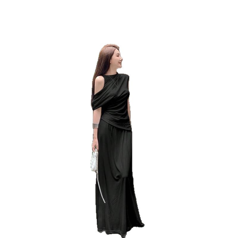 高級気質スーツ フェイクツーピース スプライスオフショルダーTシャツ 夏ドレープスカート Aラインロングスカート レディース2点セット|undefined