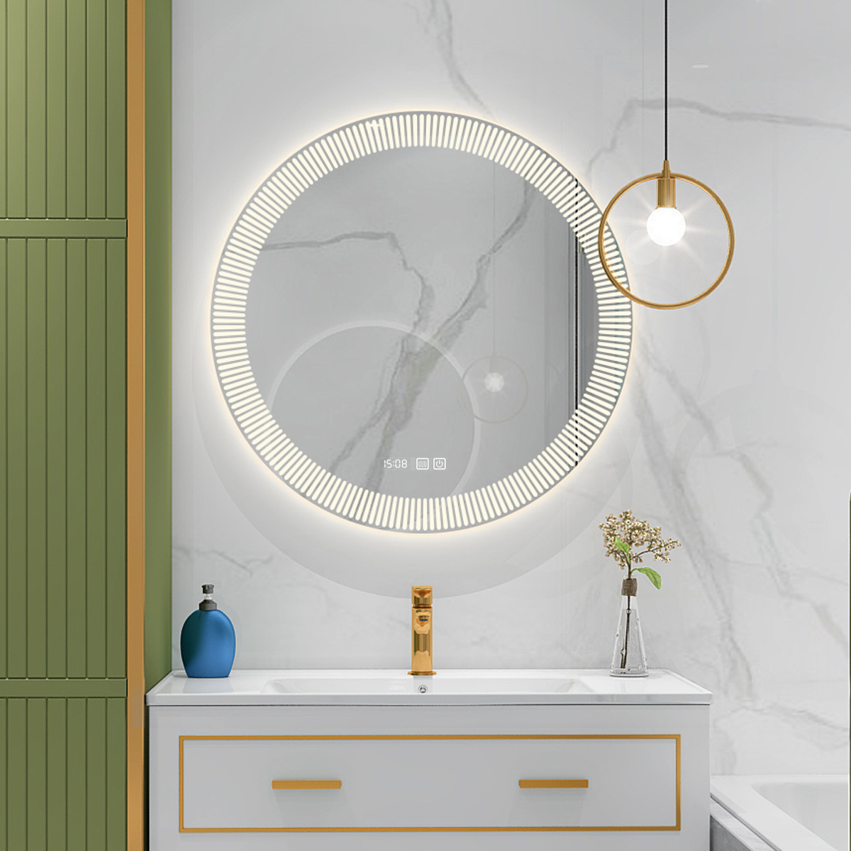 Espejo inteligente retro europeo desfogado lámpara luminosa redonda de baño espejo de vestir colgado en la pared inodoro inodoro