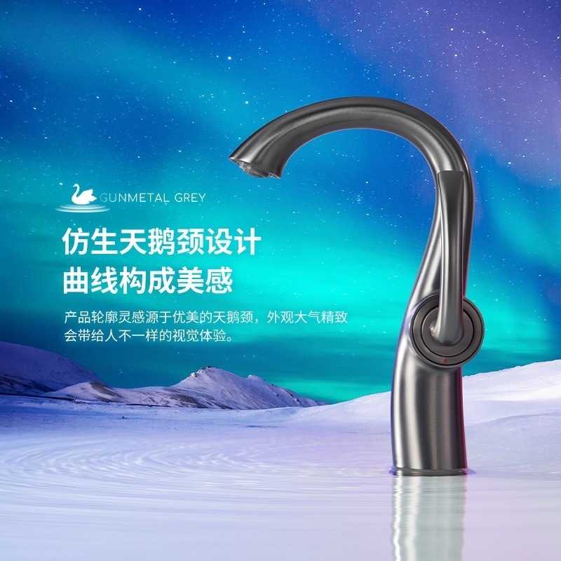 Grifo de cobre para lavabo de baño, color gris bronce, con doble manija para agua fría y caliente, ecológico.