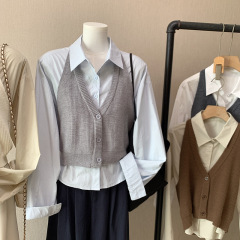 [比正]2025秋季新韩版长袖衬衫两件套女时尚减龄短款针织马甲4853