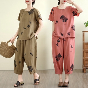 Actual Shot of 25 New Large Size Loose Flesh-Covering Ice Silk Cotton and Linen Casual Suits Short-Sleeved Tops + Cropped Pants Two-Piece Set