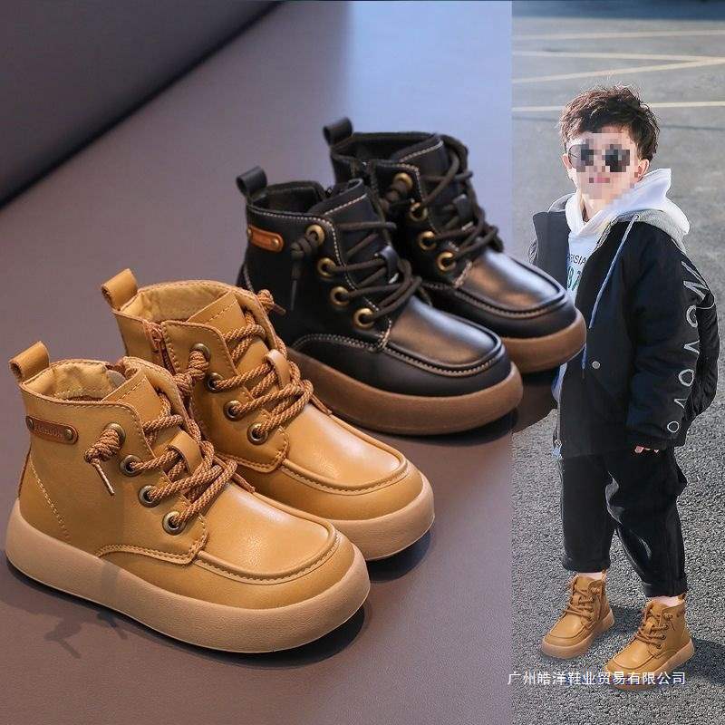 Boys' Boots 2025 Autumn All Year Round New British Style Short Boots Fleece-Lined All Year Round Large Cotton Shoes Kidsren's Leather Boots