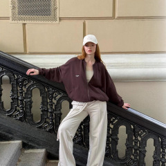 美式复古显白拉链立领外套潮牌棕色街头运动落肩外穿卫衣女秋季