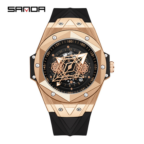 Three-Da New Model 7015 Quartz Hollow Men's Watch, Fashion Trendy Cool Creative Men's Calendar Silicone Bracelet Watch