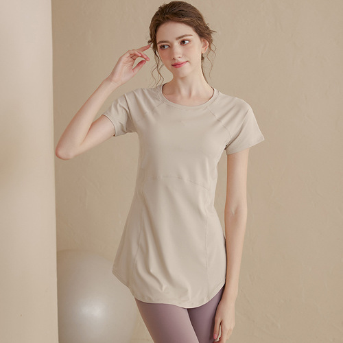  new yoga clothes for women, mid-length, hip-covering, slimming, short-sleeved T-shirts, running sports tops, fitness clothes for summer