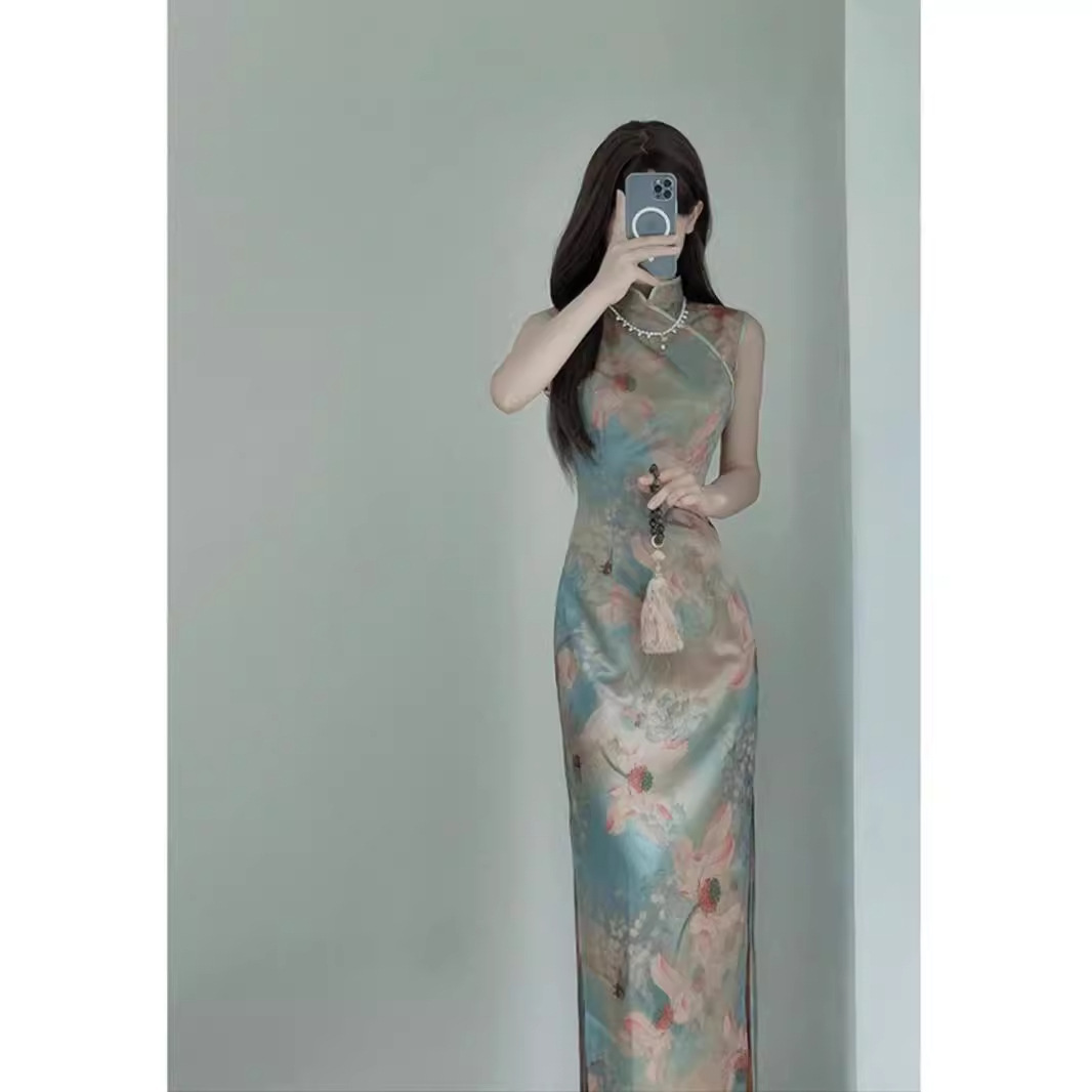 Đầm maxi nữ thắt eo kiểu Pháp thanh lịch, sườn xám mới mùa hè — Màu hoa