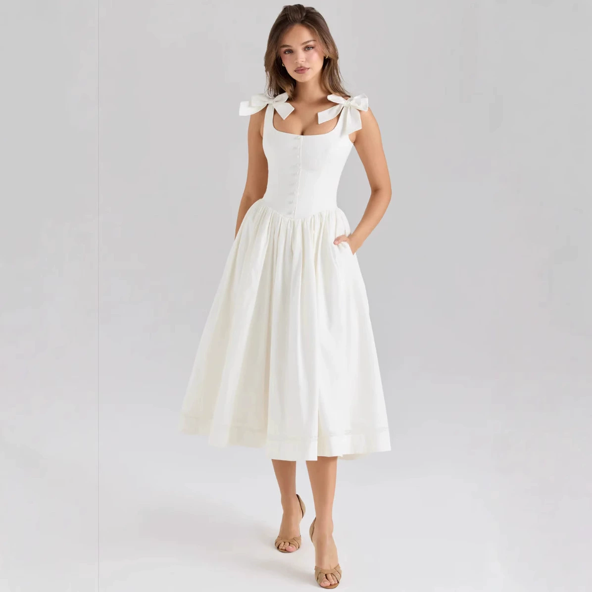 Оптовая торговля: французское кружевное платье-миди с завышенной талией и бантом для отдыха на море, женское платье на бретелях