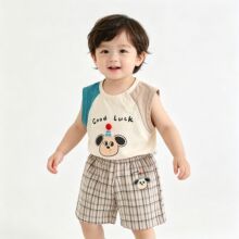夏季无袖小童套装卡通小狗无袖套装格子短裤两件套外出a类t恤批发