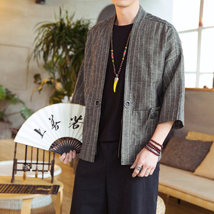 Summer three-quarter sleeve robe men's striped cardigan Chinese style Tang suit cotton and linen thin coat men's plus size Chinese style hanfu