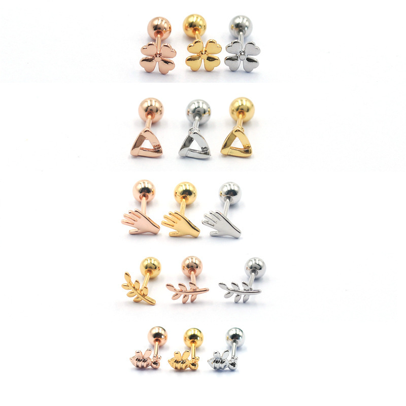 Thread All-match Mini Leaf Small Palm Four-leaf Clover Small Ear Nail Earring Bone Nail Titanium Steel Earring R58