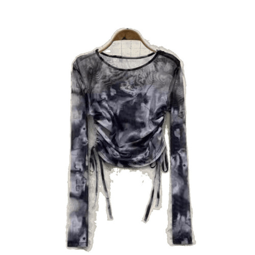 Water-based Ink Print Tie-Dye Women's Summer New Round Neck Adjustable Rope Tied Pleated Fitted Long Sleeve Top
