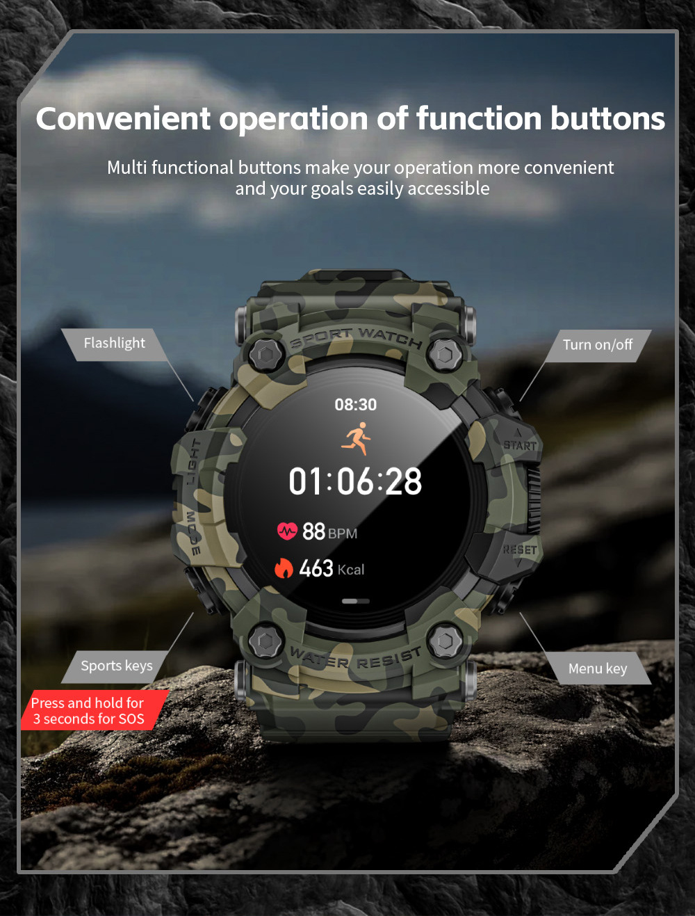 LOKMAT foreign trade outdoor sports smartwatch ATTACK GT Bluetooth Call Compass Flashlight Music Specification drawing