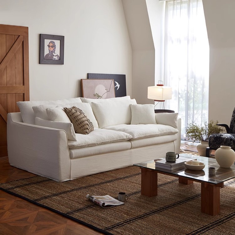Wabi-Sabi Style Sofa with Linen Fabric for Small Living Rooms, Fully Removable and Washable French Cream Hyacinth Cotton and Linen Sofa