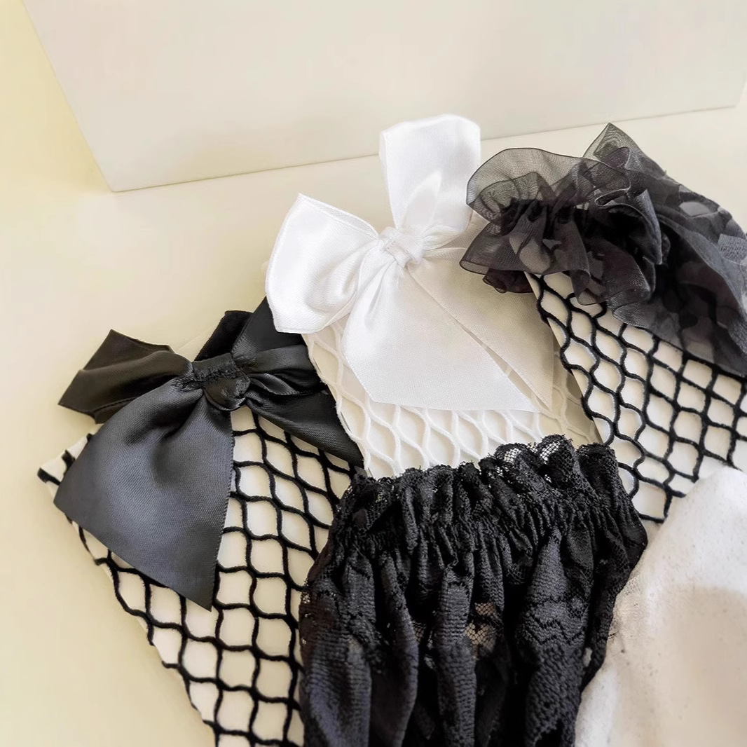 Summer black autumn breathable fishing net with bow girl's