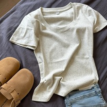 跨境白色短袖美式正肩t恤女夏季新品显瘦修身u圆领收腰短款上衣