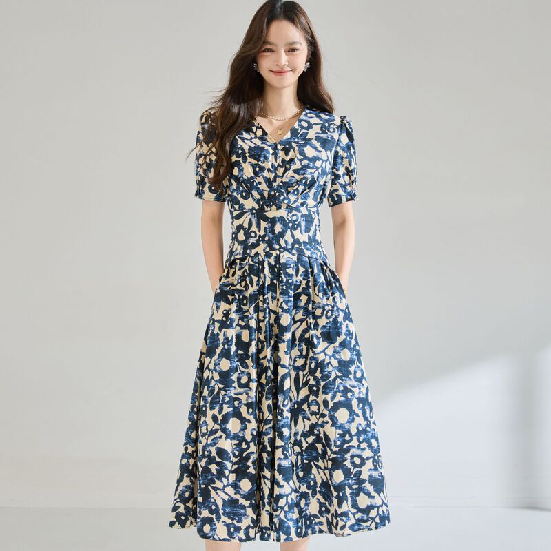 2026 Summer mm Poplin Cotton Printed V-Neck Short Sleeve Tie Waist Slimming Dress Tea Break Dress 25723