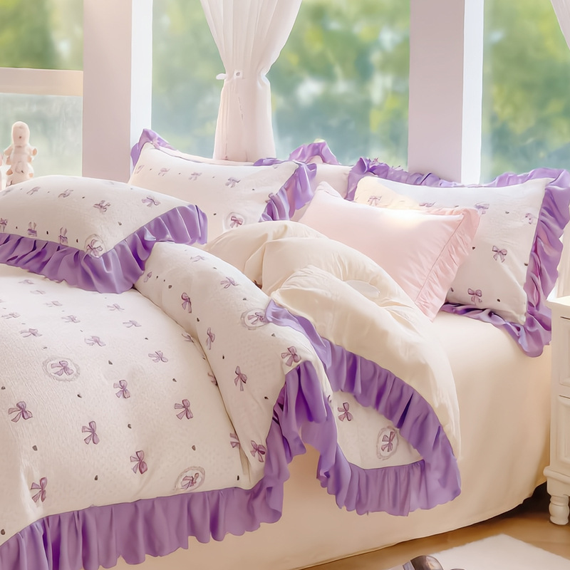 26 bambú de algodón cama de cuatro piezas pequeñas flores frescas pequeñas flores de encaje estilo de viento princesa viento tres piezas flor de bosque
