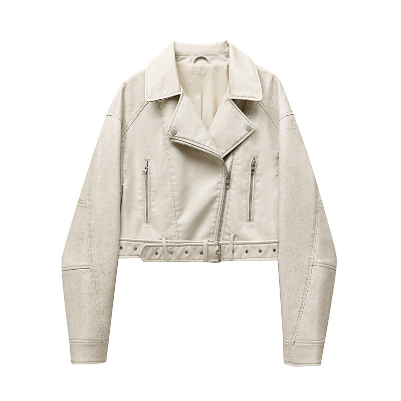 Cross-border wholesale new short motorcycle clothing pu leather with belt short imitation leather jacket coat 4341840