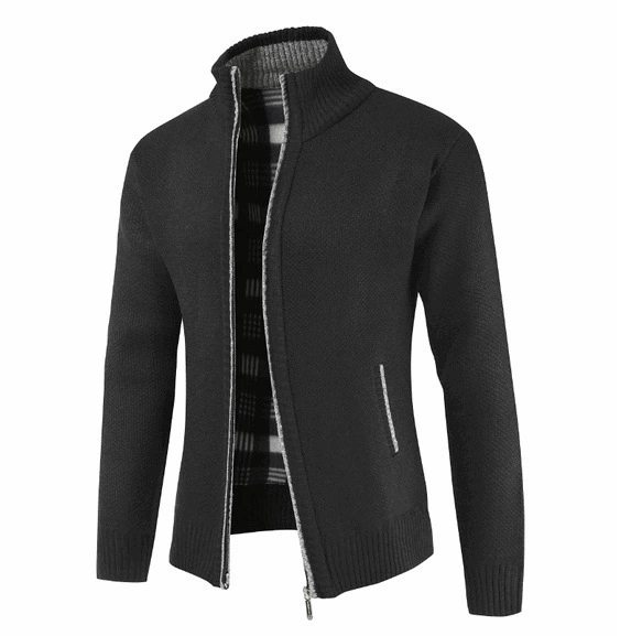 Men’s winter zip sweater coat, knit outer with lined interior, stand collar, M–XXXL
