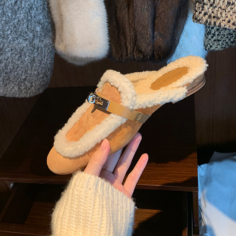 Genuine Leather Version ~ Lock Toe Lamb Fur Slippers for Women, Autumn and Winter Thick Heel Slip-On Lazy Mule Half Slippers for Outer Wear