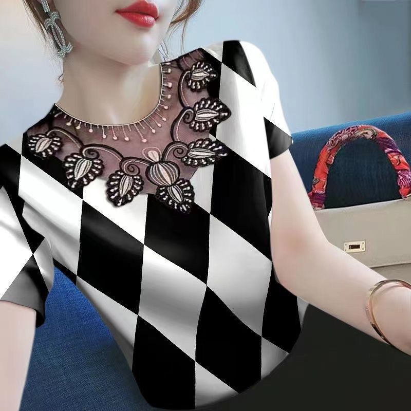Cross-Border New Summer Korean Style Striped Short-Sleeved Lace Round Neck Fashionable Printed Tops Breathable