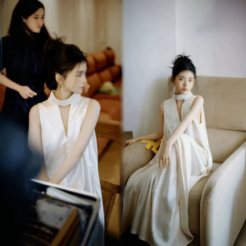 Morning Gown for Female Brides, Engagement Morning Photoshoot, Light Luxury Niche French Satin Halter Dress, Photo Shoot Outfit Morning Gown for Female Brides, Engagement Morning Photoshoot, Light Luxury Niche French Satin Halter Dress, Photo Shoot Outfit
