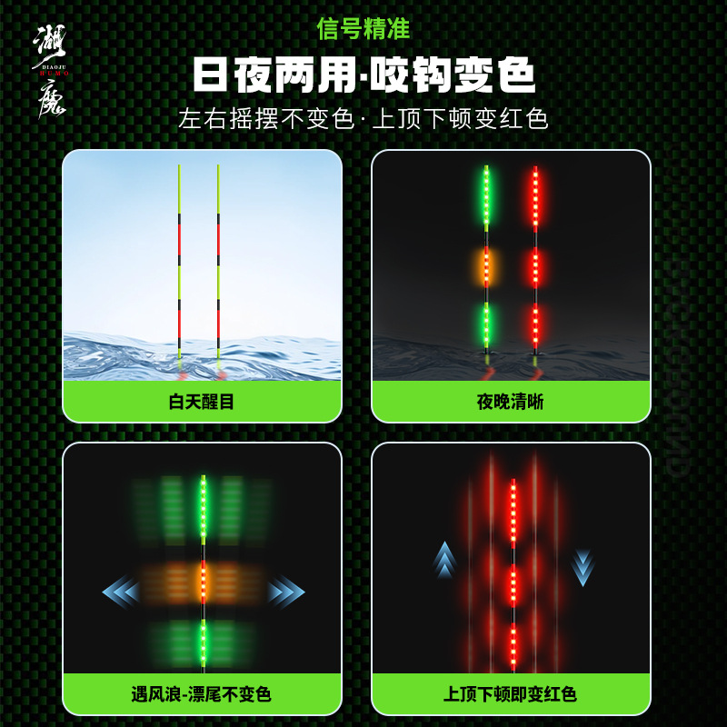 Láser de cola dura LED flotador de cola luminoso día y noche doble gancho de mordida decoloración flotador electrónico de alta sensibilidad pesca nocturna flotador de cola separada