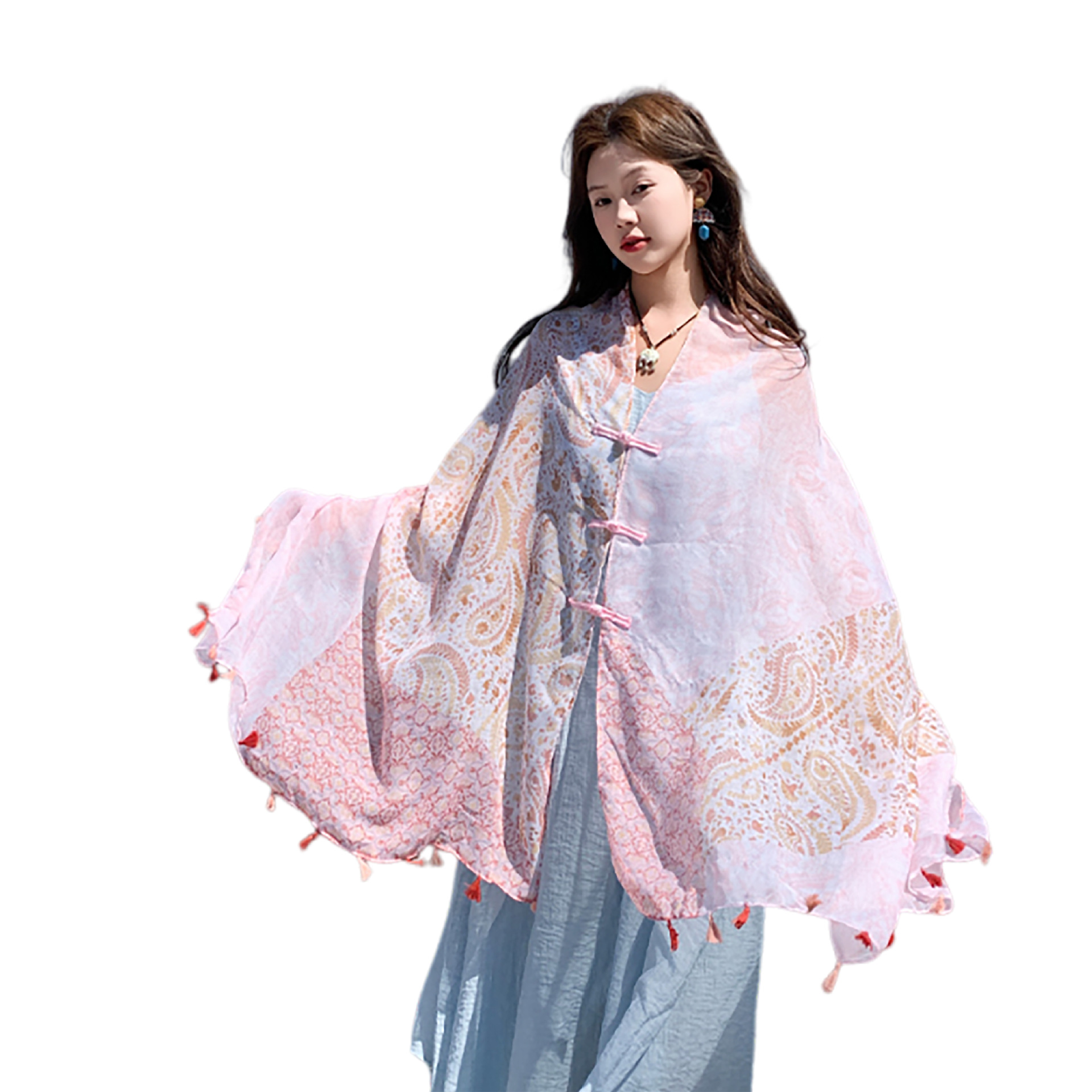 Mantón de protección solar para mujer, vestido exterior de primavera y verano, chal de estilo étnico, hebilla de playa, nuevo cárdigan de capa de estilo chino