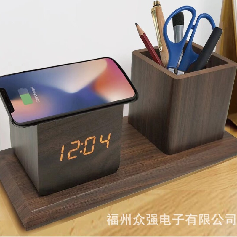 筆筒目覚まし時計創意無線充電led木製デスクトップ子供リビングルーム音控静音led卸売り電子時計|undefined