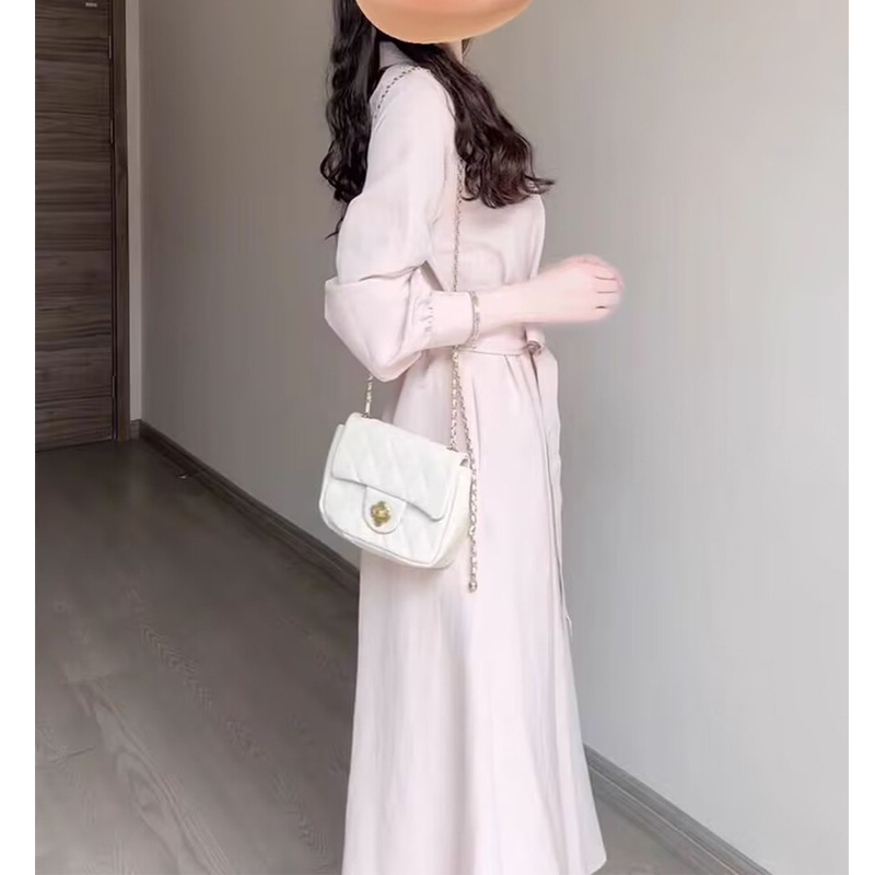 锦倩 罗马画报-秋季新款法式文艺风立领翻领长袖腰带宽松连衣裙潮|undefined
