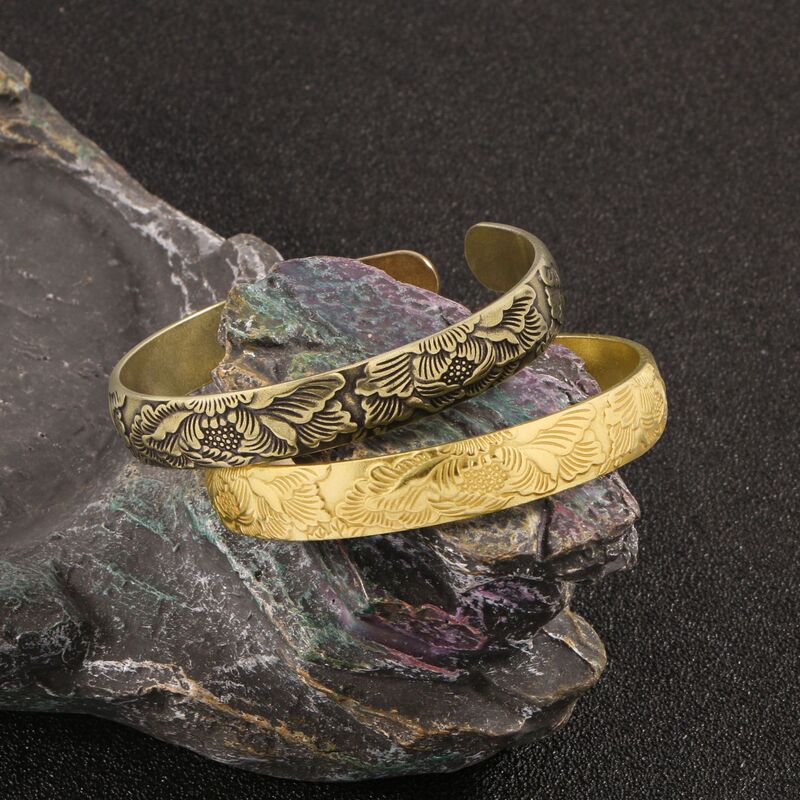 Chinese Style Ancient Style Lotus Bracelet Brass Bracelet Handmade Crafts Open Bracelet for Women and Men Couple Jewelry Gifts