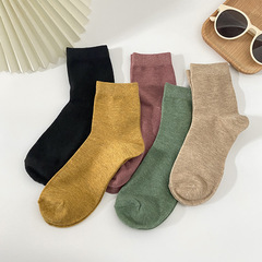 秋冬簡約棉質透氣中筒襪純色保暖女士休閒襪子基礎款運動長襪