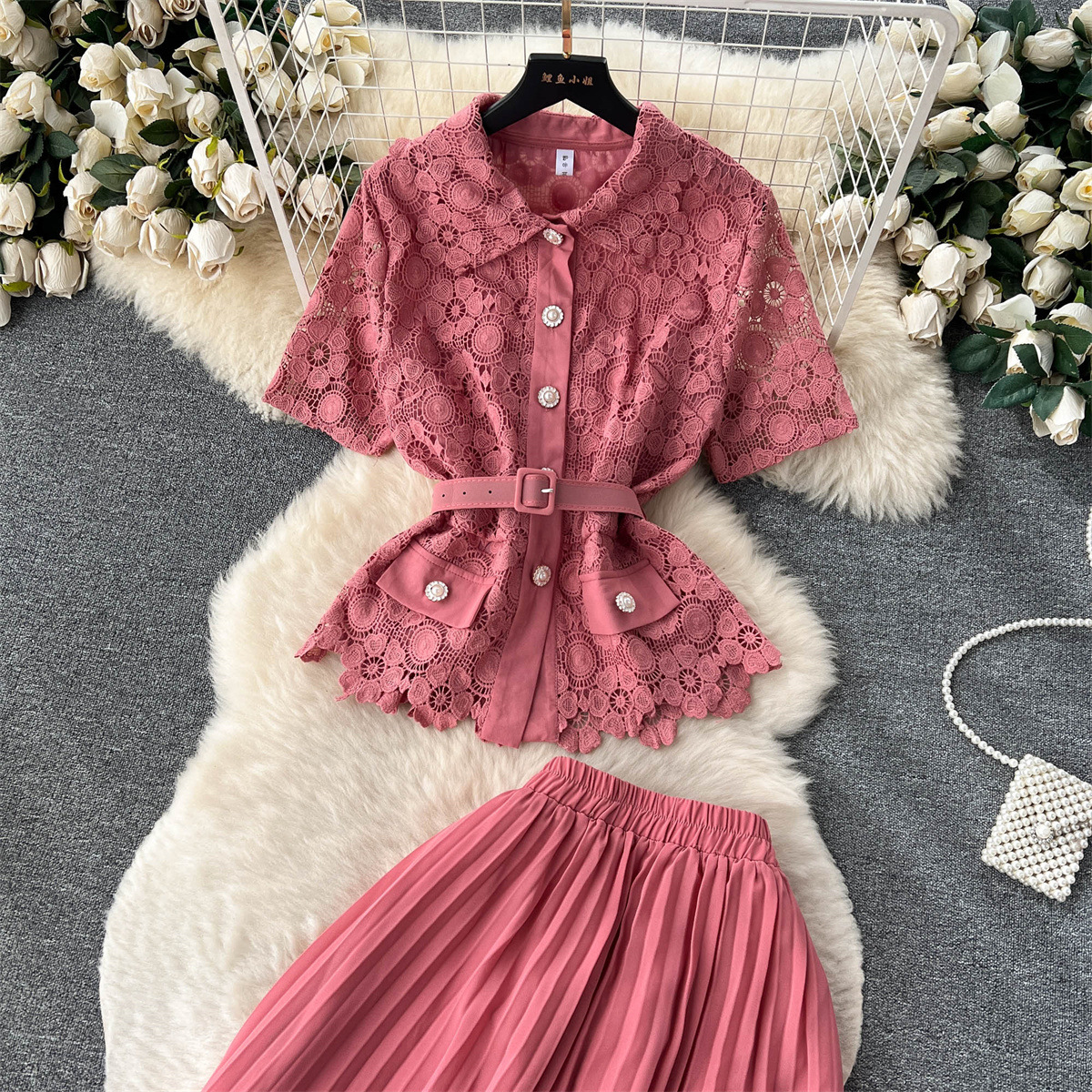 Damen Zweiteiliges Set Aus Kurzarmbluse Und Plisseerock Für Den Sommer_voghion.com
