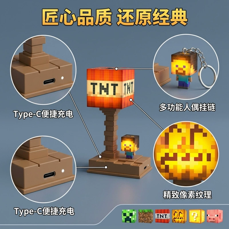 Minecraft маленькая настольная лампа с тремя уровнями затемнения пиксельная эстетика USB питание_creeper атмосферное освещение