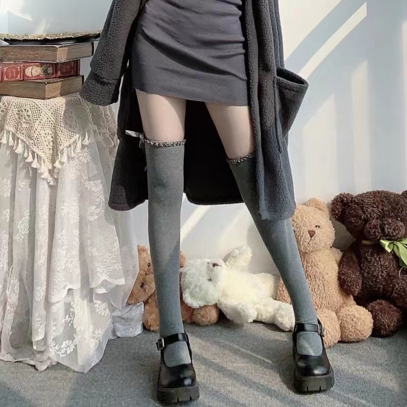 Calcetines de encaje por encima de la rodilla Calcetines de algodón Lolita pura leche blanca Medias de mujer estilo Ballet cinta costura