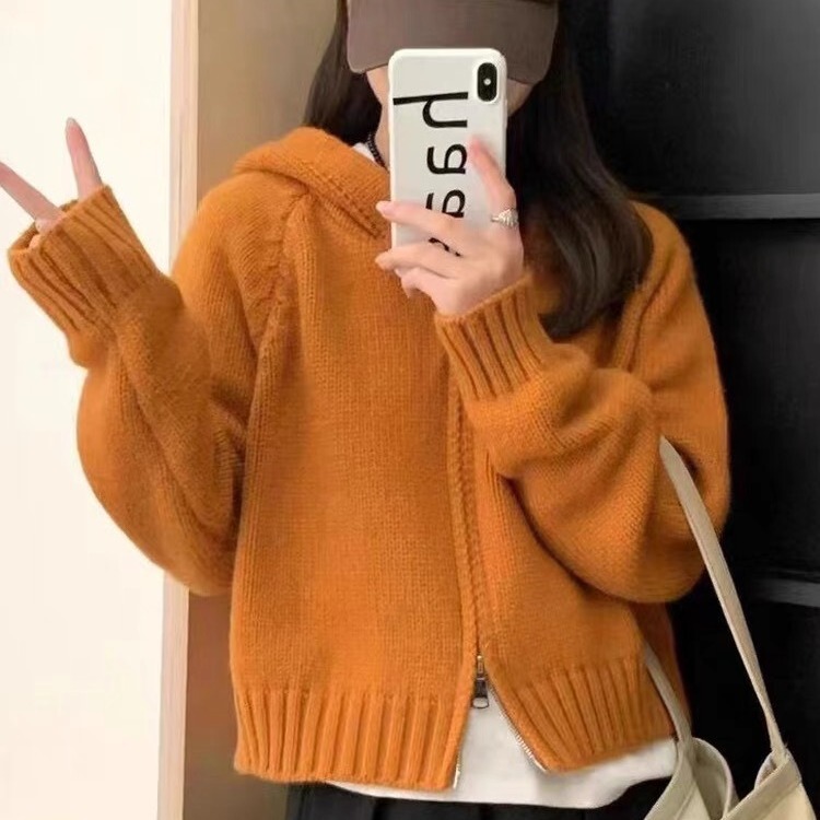 Candy color hooded solid color knitted cardigan women's casual loose short thick double zipper long sleeve cardigan top fashion Candy color hooded solid color knitted cardigan women's casual loose short thick double zipper long sleeve cardigan top fashion