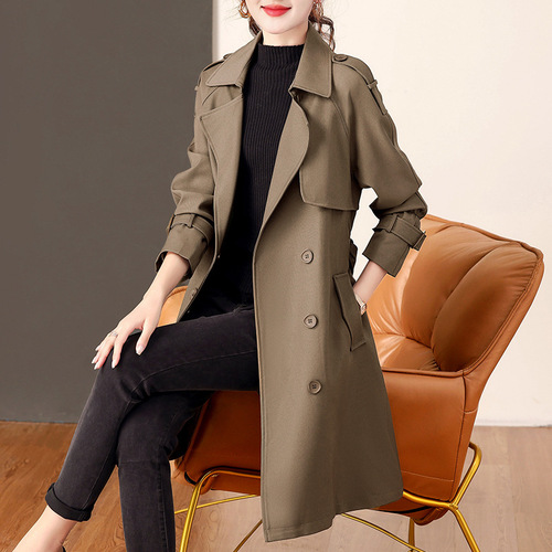 British style European style windbreaker for women  new spring and autumn temperament slim and versatile coat mid-length coat