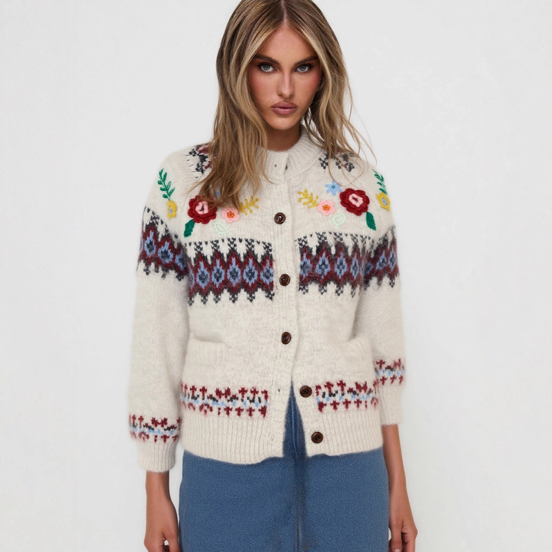 Jacquard Floral Diamond Pattern Loose Warm Cross-Border Sweater Women's Cardigan Lazy Style Knitwear Fair Isle Imitation Alpaca Wool