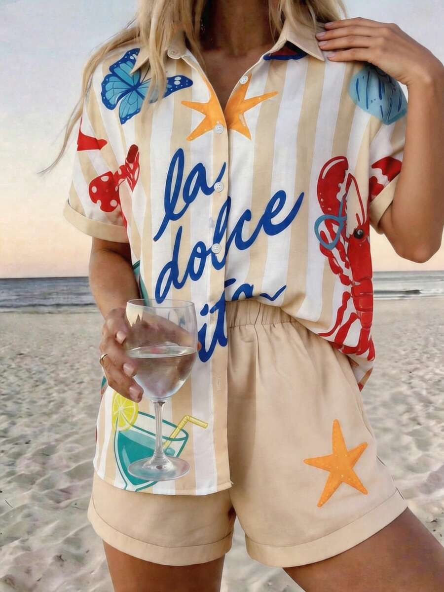 Conjunto de camisa e calções em linho floral para mulher_voghion.com