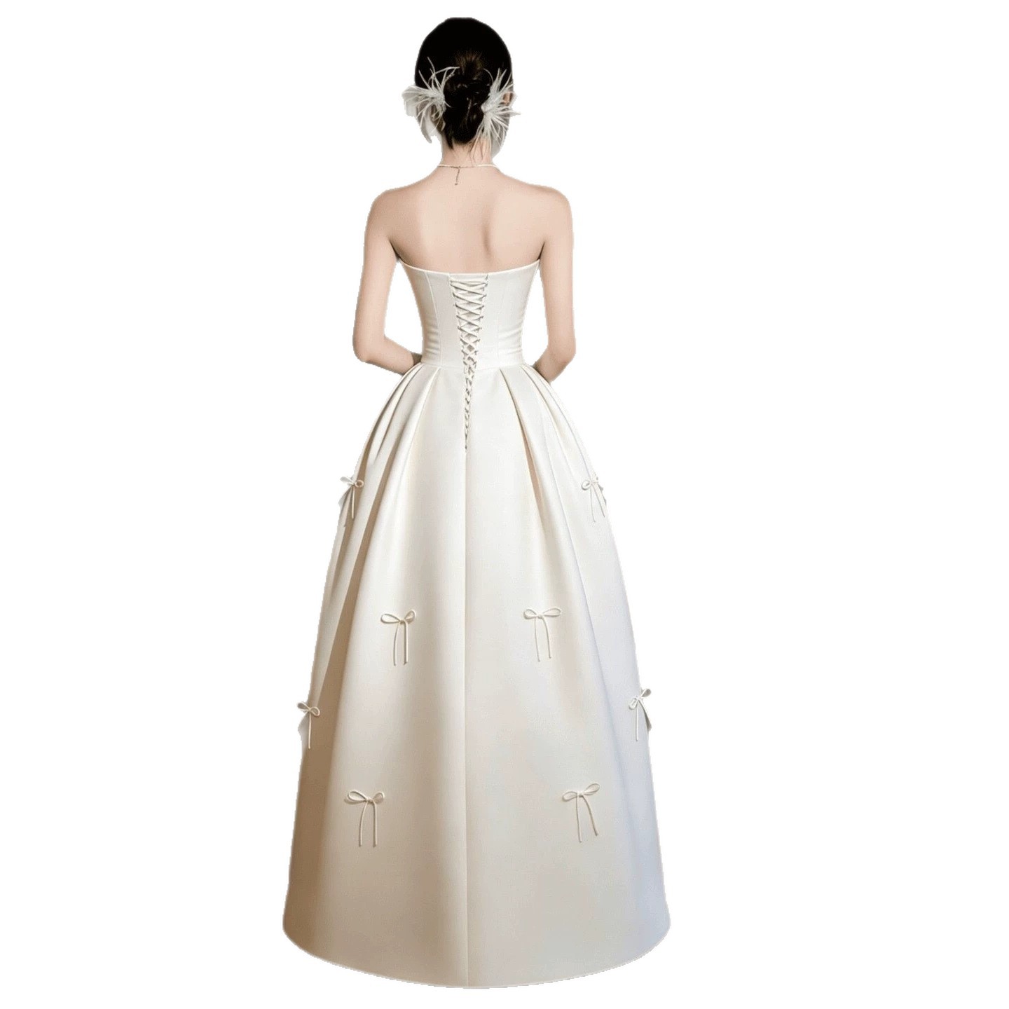 Đầm dạ hội cưới cổ yếm satin trơn tay dài phong cách tối giản — Màu ảnh