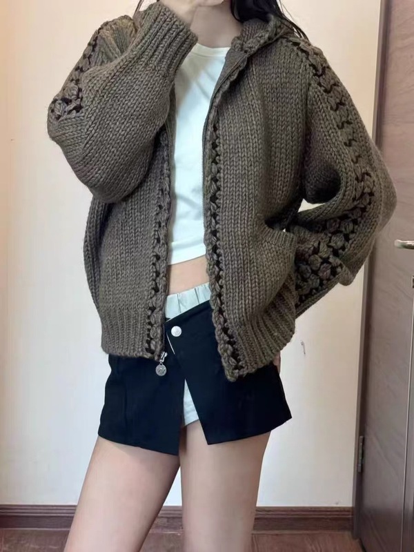 韩国潮牌小众openyy连帽针织开衫毛衣外套复古拼接女宽松新款|undefined