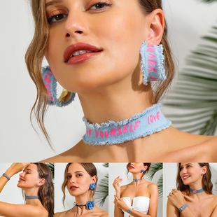 European and American Cross-Border Denim Blue Letter Necklace Set Light Luxury High-End Necklace Fashion Strap Flower Jewelry Wholesale